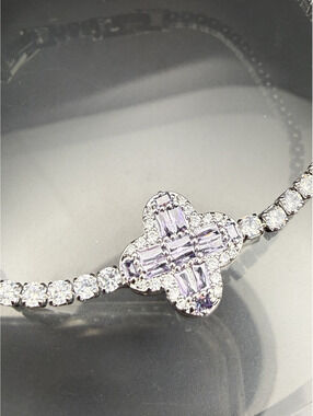 candy+clover Lilac Amethyst Baguette Crystal Tennis Bracelet Silver Tone 7.5"